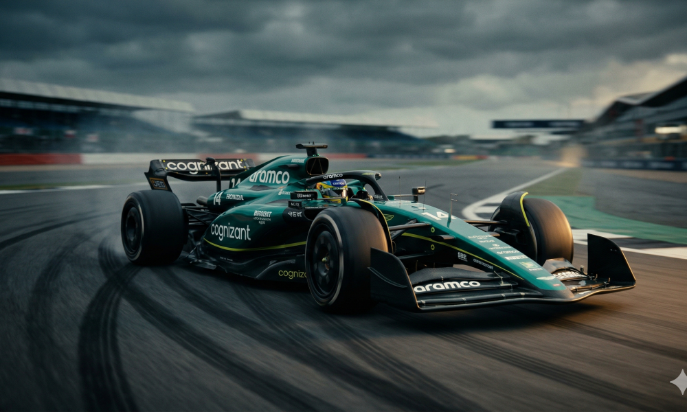 Fernando Alonso driving Aston Martin AMR26 Formula 1 car with motion blur and dramatic lighting showing team crisis 2026 season