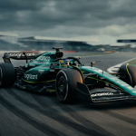 Fernando Alonso driving Aston Martin AMR26 Formula 1 car with motion blur and dramatic lighting showing team crisis 2026 season