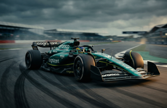 Fernando Alonso driving Aston Martin AMR26 Formula 1 car with motion blur and dramatic lighting showing team crisis 2026 season