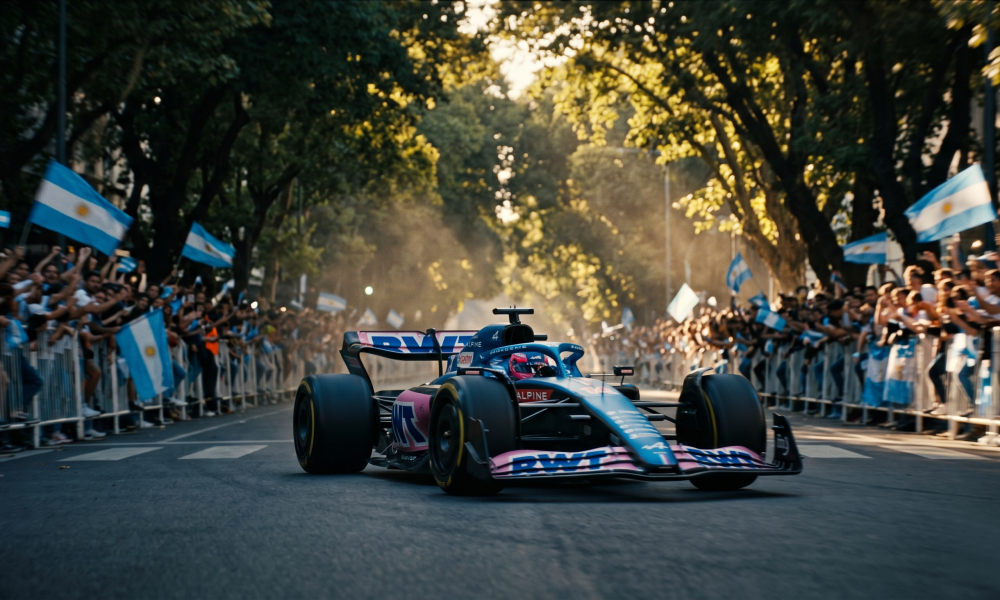Franco Colapinto driving the Alpine-branded Lotus E20 Formula 1 car through the streets of Palermo, Buenos Aires, during the Road Show to BA 2026