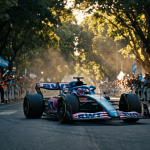 Franco Colapinto driving the Alpine-branded Lotus E20 Formula 1 car through the streets of Palermo, Buenos Aires, during the Road Show to BA 2026