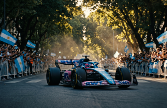 Franco Colapinto driving the Alpine-branded Lotus E20 Formula 1 car through the streets of Palermo, Buenos Aires, during the Road Show to BA 2026