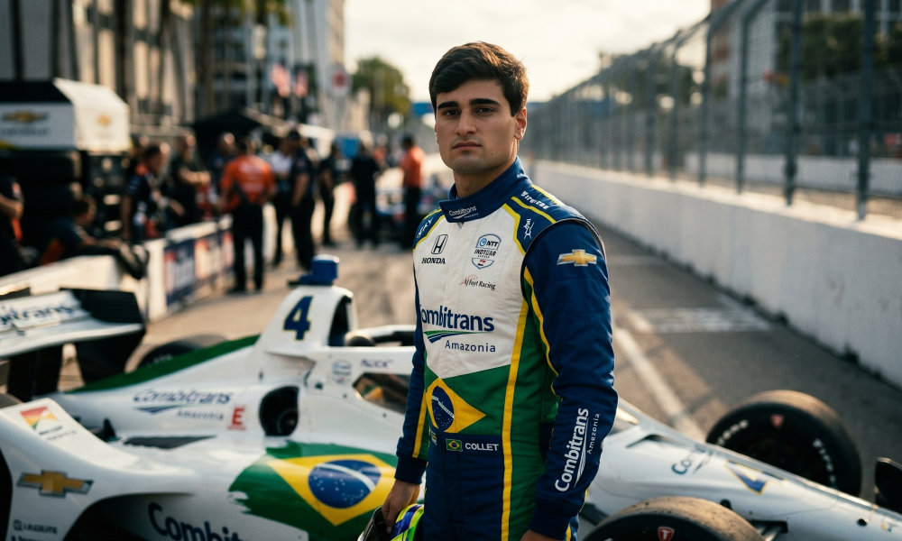 Caio Collet in AJ Foyt Racing IndyCar suit standing next to number 4 Chevrolet with Combitrans Amazonia sponsorship representing Brazil