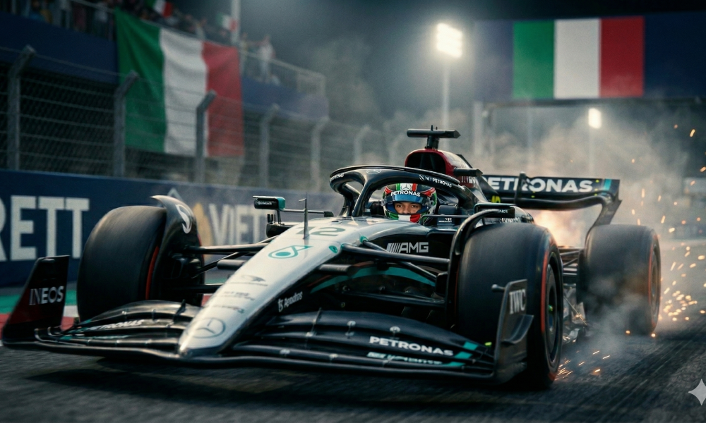 Kimi Antonelli, Mercedes AMG Formula 1 driver, driving a single-seater on a racetrack