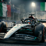 Kimi Antonelli, Mercedes AMG Formula 1 driver, driving a single-seater on a racetrack