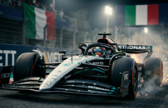 Kimi Antonelli, Mercedes AMG Formula 1 driver, driving a single-seater on a racetrack