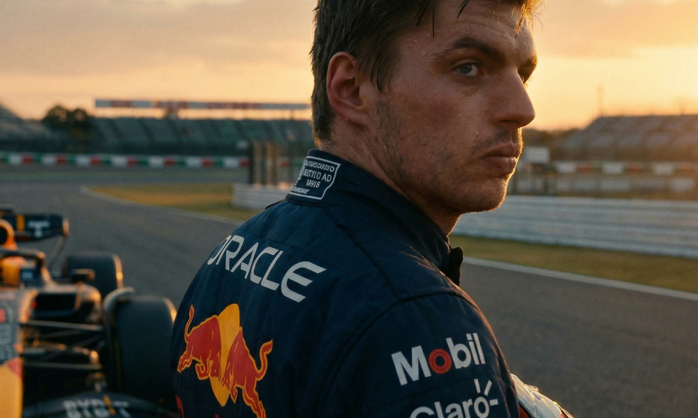 Max Verstappen retiring from Formula 1, dramatic photorealistic illustration.