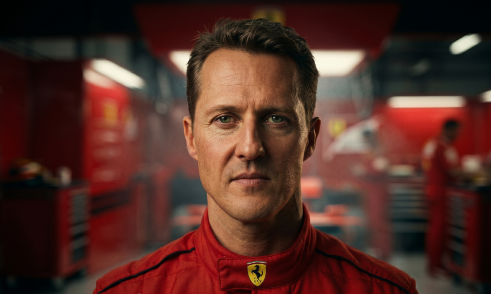 Michael Schumacher in Ferrari racing suit during his dominant era at Monza circuit with F2004 car in background