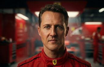 Michael Schumacher in Ferrari racing suit during his dominant era at Monza circuit with F2004 car in background
