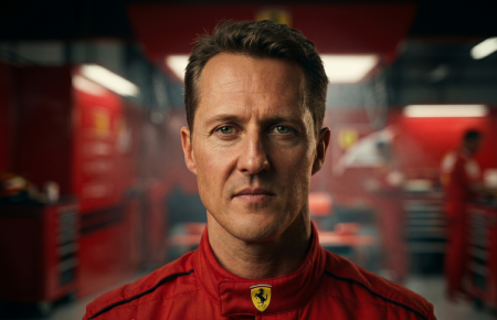 Michael Schumacher in Ferrari racing suit during his dominant era at Monza circuit with F2004 car in background