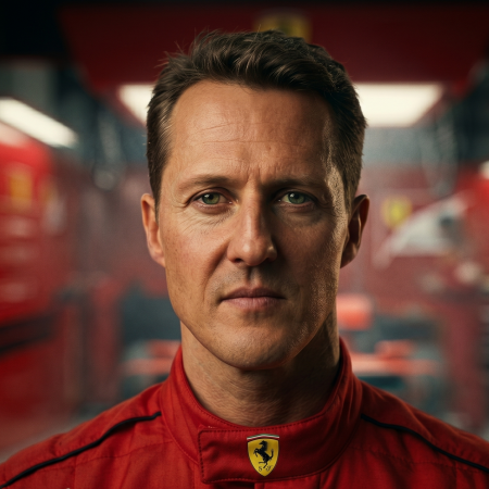 Michael Schumacher in Ferrari racing suit during his dominant era at Monza circuit with F2004 car in background
