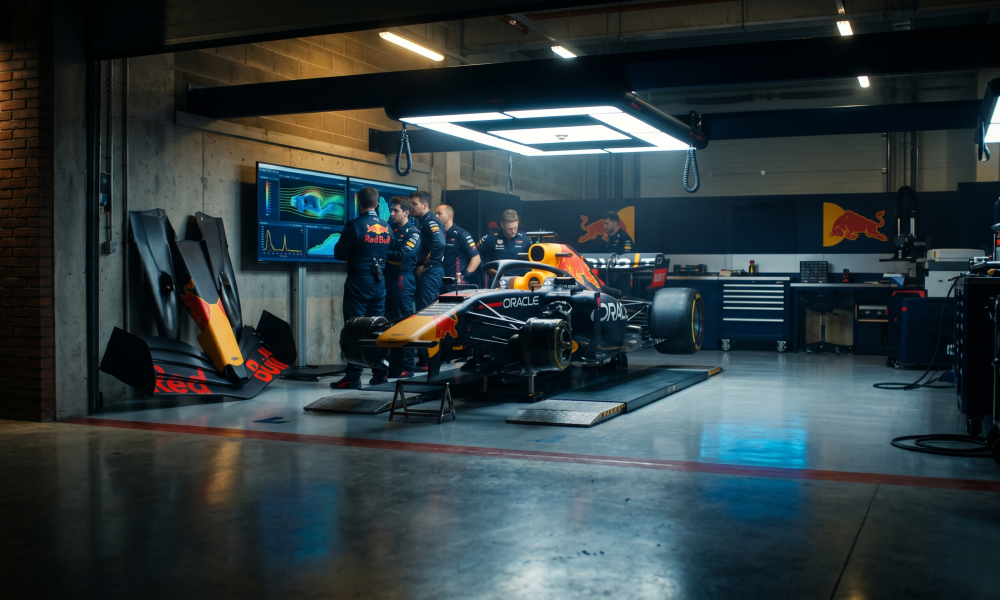 Red Bull Racing engineers reviewing aerodynamic data on a monitor inside the team's technical facility, with the RB21 Formula 1 car partially disassembled in the background.