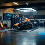 Red Bull Racing engineers reviewing aerodynamic data on a monitor inside the team's technical facility, with the RB21 Formula 1 car partially disassembled in the background.
