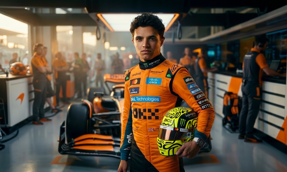 Lando Norris McLaren Formula 1 World Champion 2025 racing driver portrait pit lane