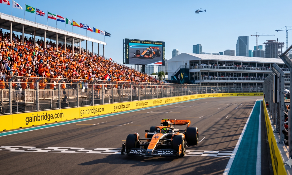 Lando Norris celebrates victory for McLaren in the 2026 F1 Miami Grand Prix Sprint Race at the Miami International Autodrome, delivering the team's first win and first 1-2 finish of the 2026 Formula 1 season