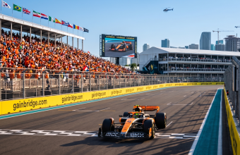 Lando Norris celebrates victory for McLaren in the 2026 F1 Miami Grand Prix Sprint Race at the Miami International Autodrome, delivering the team's first win and first 1-2 finish of the 2026 Formula 1 season