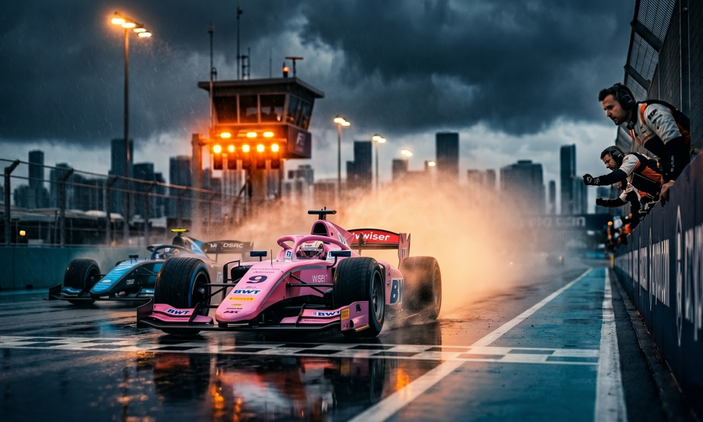 Gabriele Mini MP Motorsport Formula 2 Feature Race winner Miami 2026 wet conditions storm