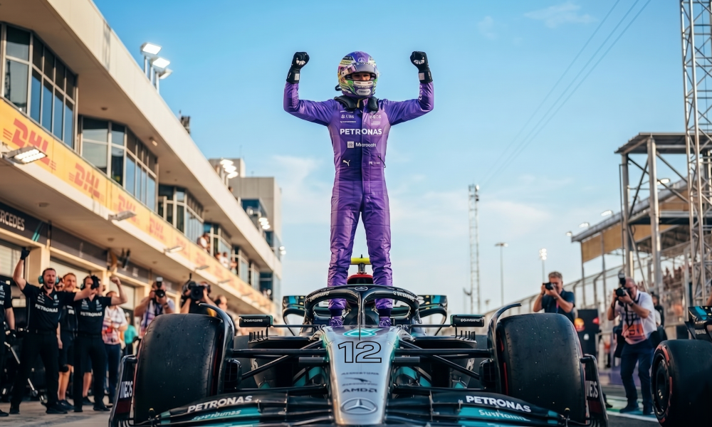 Kimi Antonelli celebrates pole position for the 2026 F1 Miami Grand Prix in his Mercedes W17, becoming the third driver in Formula 1 history after Ayrton Senna and Michael Schumacher to claim the first three poles of his career at three consecutive races