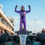 Kimi Antonelli celebrates pole position for the 2026 F1 Miami Grand Prix in his Mercedes W17, becoming the third driver in Formula 1 history after Ayrton Senna and Michael Schumacher to claim the first three poles of his career at three consecutive races