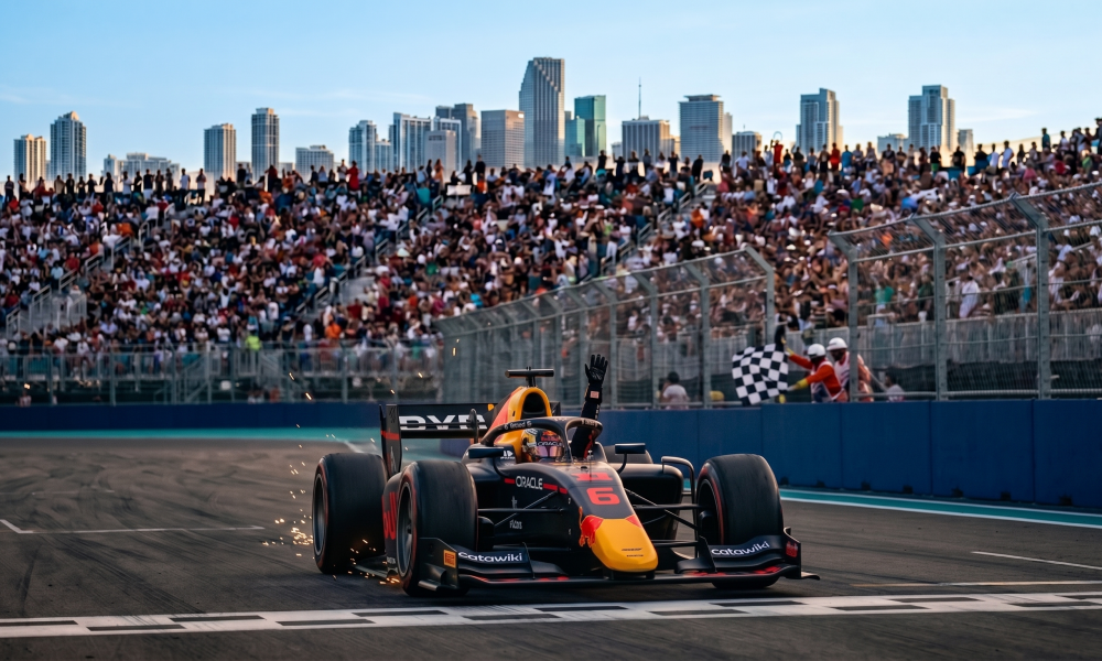 Nikola Tsolov celebrates his F2 Sprint Race victory at the 2026 Miami Grand Prix — Campos Racing driver wins by just 0.098 seconds over Laurens van Hoepen at the Miami International Autodrome