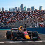Nikola Tsolov celebrates his F2 Sprint Race victory at the 2026 Miami Grand Prix — Campos Racing driver wins by just 0.098 seconds over Laurens van Hoepen at the Miami International Autodrome