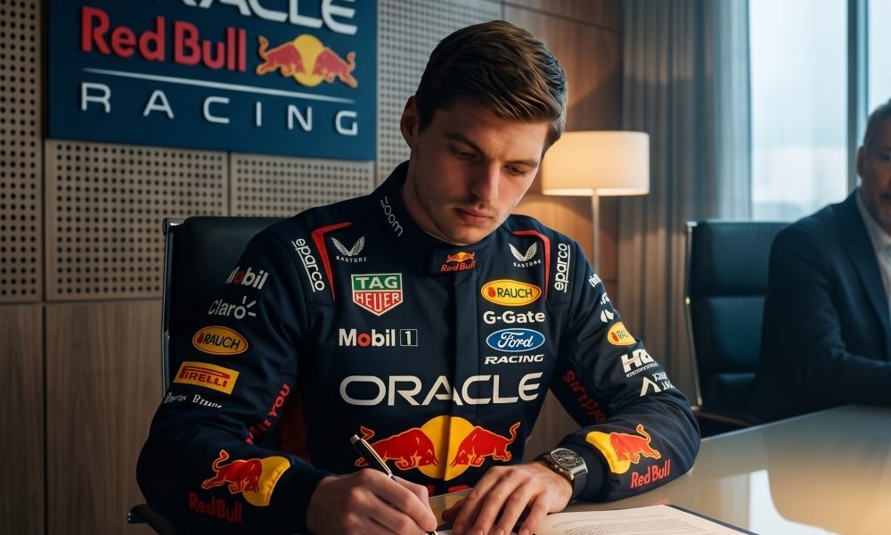 A photograph of F1 driver Max Verstappen, wearing his branded Oracle Red Bull Racing team suit, seated at a large conference table and signing an official document labeled "CONTRACT" with a pen. An "ORACLE Red Bull RACING" sign is visible on the wall behind him.