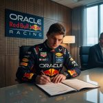 A photograph of F1 driver Max Verstappen, wearing his branded Oracle Red Bull Racing team suit, seated at a large conference table and signing an official document labeled "CONTRACT" with a pen. An "ORACLE Red Bull RACING" sign is visible on the wall behind him.