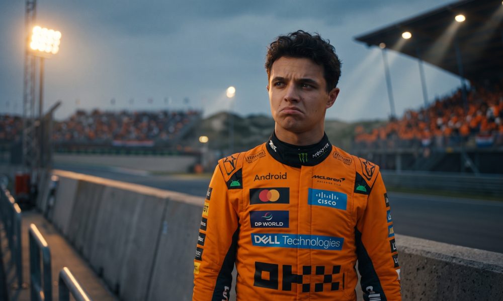 A detailed close-up portrait of Formula 1 driver Lando Norris on the Circuit Zandvoort track at dusk, wearing his full McLaren racing suit with a clear worried and furrowed expression.