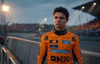 A detailed close-up portrait of Formula 1 driver Lando Norris on the Circuit Zandvoort track at dusk, wearing his full McLaren racing suit with a clear worried and furrowed expression.