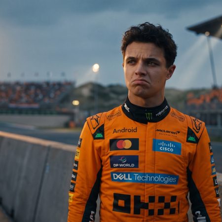 A detailed close-up portrait of Formula 1 driver Lando Norris on the Circuit Zandvoort track at dusk, wearing his full McLaren racing suit with a clear worried and furrowed expression.
