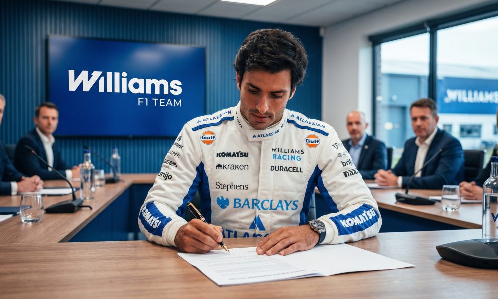 A detailed photograph capturing F1 driver Carlos Sainz, wearing his full Williams F1 Team race suit featuring logos for Barclays, Gulf, Komatsu, and Atlassian, seated at a wooden conference table and focused on signing a contract document with a pen. Behind him is a large screen displaying the Williams F1 TEAM logo, and several other team executives in formal attire are seated around the table.