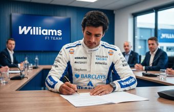 A detailed photograph capturing F1 driver Carlos Sainz, wearing his full Williams F1 Team race suit featuring logos for Barclays, Gulf, Komatsu, and Atlassian, seated at a wooden conference table and focused on signing a contract document with a pen. Behind him is a large screen displaying the Williams F1 TEAM logo, and several other team executives in formal attire are seated around the table.