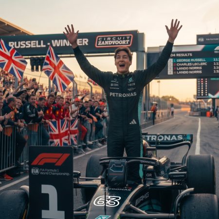 Photorealistic image of Formula 1 driver George Russell celebrating a victory on the Zandvoort circuit, standing with arms raised. Fans with Union Jack flags, Mercedes, and Ferrari apparel cheer behind him. A screen displays the podium: 1. George Russell, 2. Charles Leclerc, 3. Lando Norris.