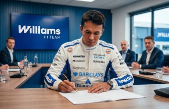 A detailed photo of Formula 1 driver Alex Albon, in full Williams Racing race suit featuring multiple sponsor logos (like Duracell, Komatsu, and Gulf), seated at a desk in a modern boardroom. He is intently focused on signing a contract document with a pen. In the background, a large screen clearly displays the white 'Williams F1 TEAM' logo on a blue background, and several other individuals in suits are seated, out of focus, around the desk.