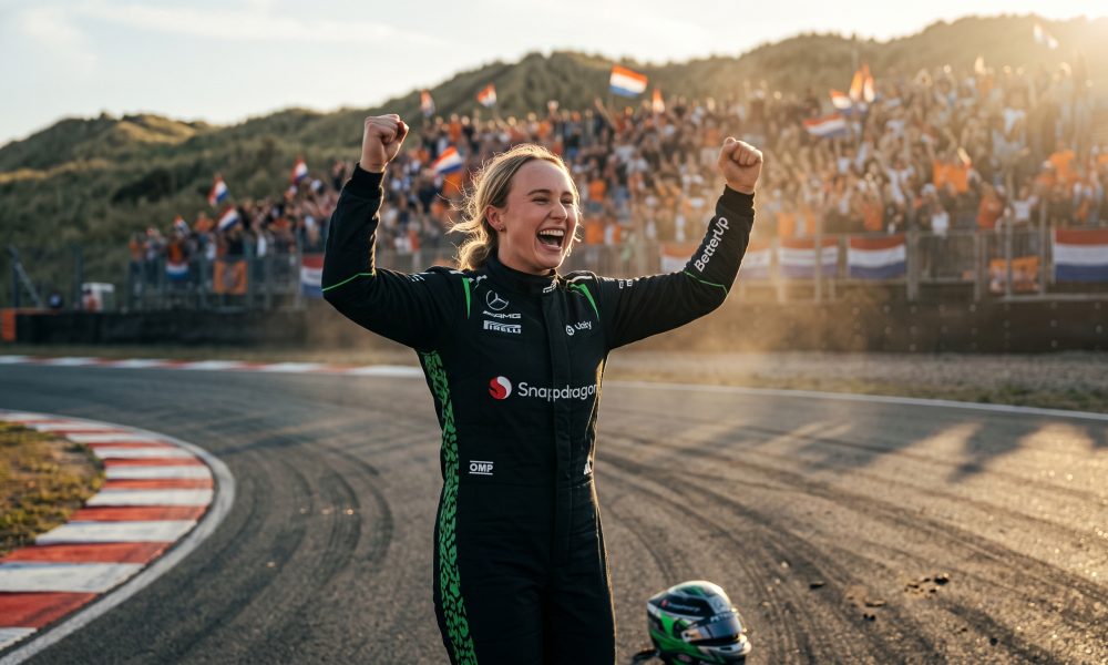 A blonde female Formula 1 driver in a black and green racing suit celebrating a victory at Circuit Zandvoort with her arms raised and a wide, joyful smile, with Dutch fans and flags visible in the background dunes at sunset.
