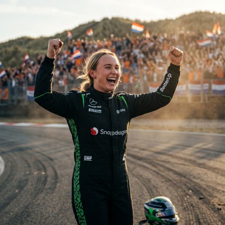 A blonde female Formula 1 driver in a black and green racing suit celebrating a victory at Circuit Zandvoort with her arms raised and a wide, joyful smile, with Dutch fans and flags visible in the background dunes at sunset.