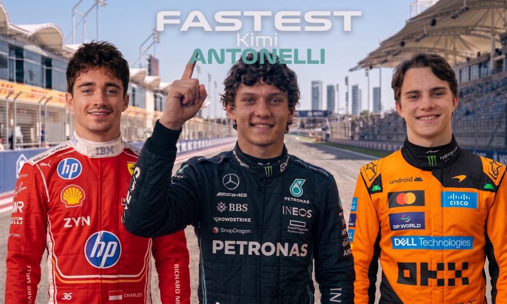 "Full-body studio photograph of a young male Formula 1 racing driver standing and smiling, wearing a detailed orange and navy blue McLaren team suit with multiple sponsor logos (Dell, Cisco, Mastercard, Android, OKX). The background is a seamless orange gradient backdrop."