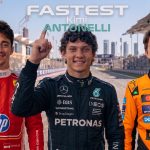 "Full-body studio photograph of a young male Formula 1 racing driver standing and smiling, wearing a detailed orange and navy blue McLaren team suit with multiple sponsor logos (Dell, Cisco, Mastercard, Android, OKX). The background is a seamless orange gradient backdrop."