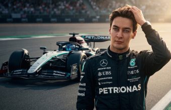 "Pensive Mercedes F1 driver George Russell stands on a race track at golden hour, hand in hair, with blurred Petronas car behind him."