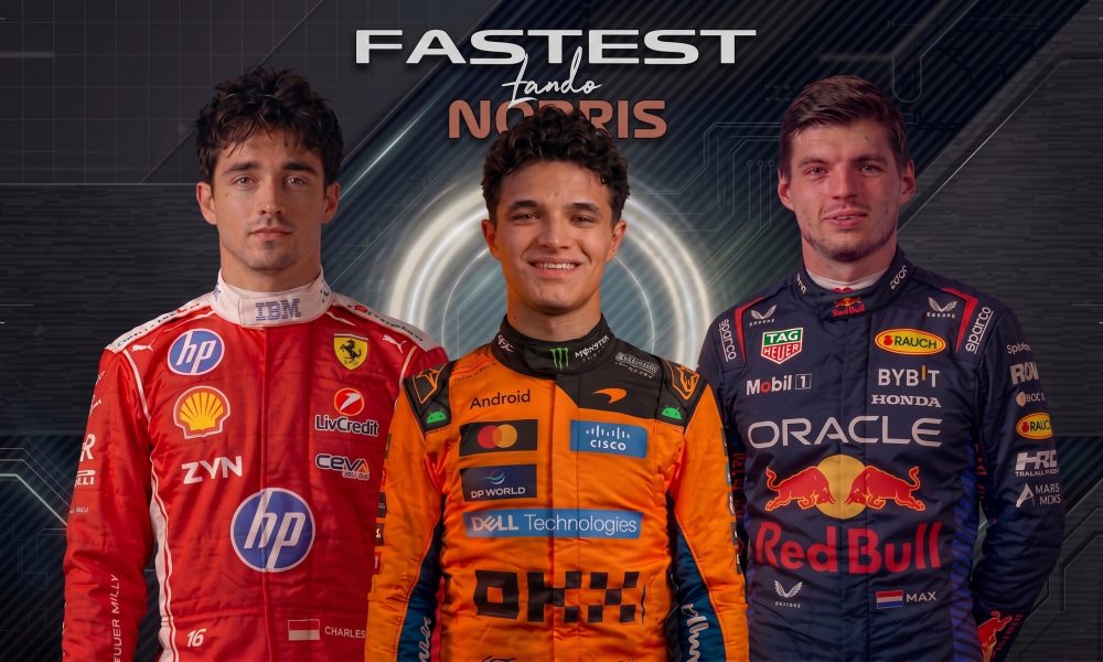 F1 grid graphic showing Charles Leclerc (P1, Ferrari), Lando Norris (Fastest, central), and Max Verstappen (P3, Red Bull) in full race suits against a dark technological circular background pattern.