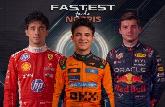 F1 grid graphic showing Charles Leclerc (P1, Ferrari), Lando Norris (Fastest, central), and Max Verstappen (P3, Red Bull) in full race suits against a dark technological circular background pattern.