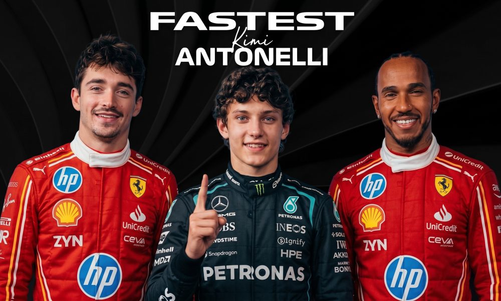 "A professional photo of Formula 1 drivers Charles Leclerc, Kimi Antonelli, and Lewis Hamilton. The text 'FASTEST Kimi ANTONELLI' is displayed at the top. The drivers are in their race suits, Leclerc (Ferrari), Antonelli (Mercedes), and Hamilton (Ferrari)."