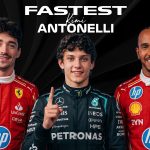 "A professional photo of Formula 1 drivers Charles Leclerc, Kimi Antonelli, and Lewis Hamilton. The text 'FASTEST Kimi ANTONELLI' is displayed at the top. The drivers are in their race suits, Leclerc (Ferrari), Antonelli (Mercedes), and Hamilton (Ferrari)."