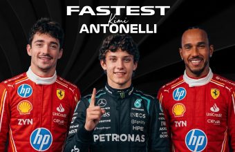 "A professional photo of Formula 1 drivers Charles Leclerc, Kimi Antonelli, and Lewis Hamilton. The text 'FASTEST Kimi ANTONELLI' is displayed at the top. The drivers are in their race suits, Leclerc (Ferrari), Antonelli (Mercedes), and Hamilton (Ferrari)."